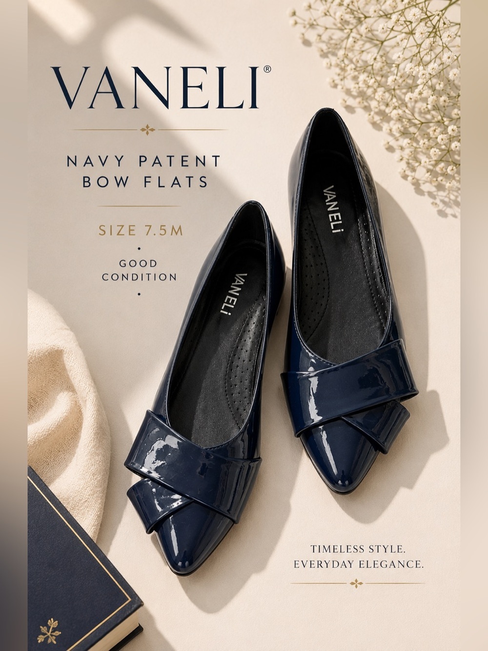 VANELi Navy Patent Bow Ballet Flats Size 7.5M